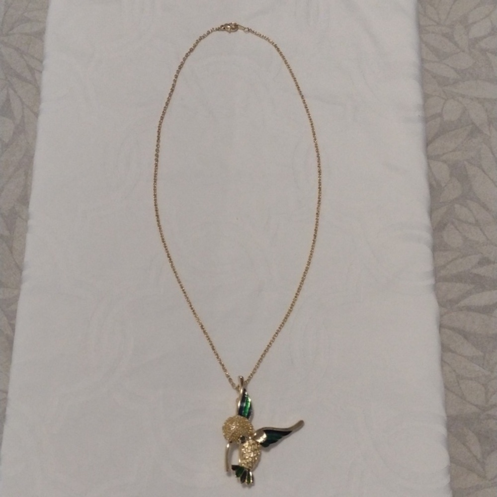 Gold Tone Hummingbird Pendant Necklace - Green Accent